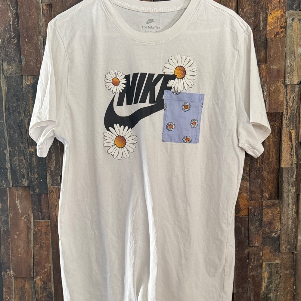 Nike White Tee with Daisy and Blue Pocket